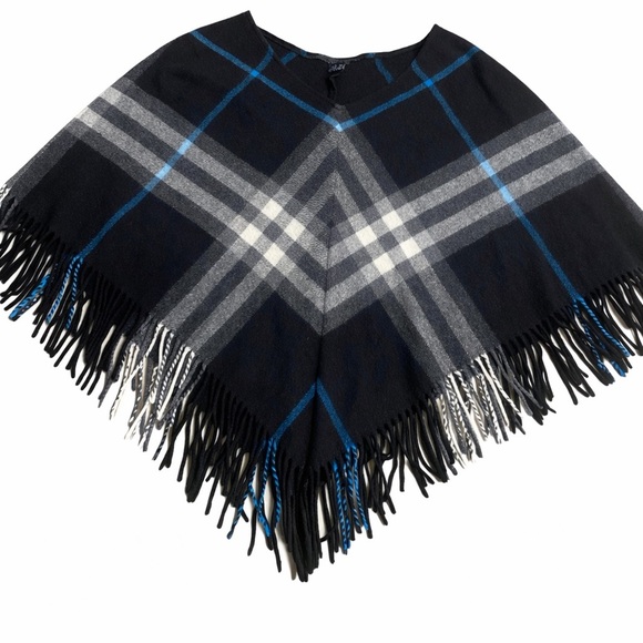 Burberry Accessories - Blueberry Black Plaid Fringe Poncho with Blue Accents